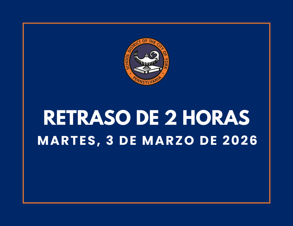 Blue background with the School District of the City of York's logo at the top. Text reads "2-Hour Delay, Tuesday, March 3, 2026" in bold white letters.