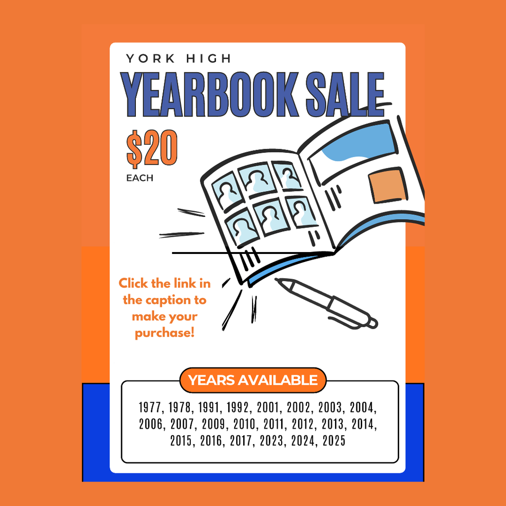 York High yearbook sale graphic featuring an open yearbook and pen illustration, price is $20. Available years listed at the bottom of the graphic and there is text that says "Click the link in the caption to make your purchase!"