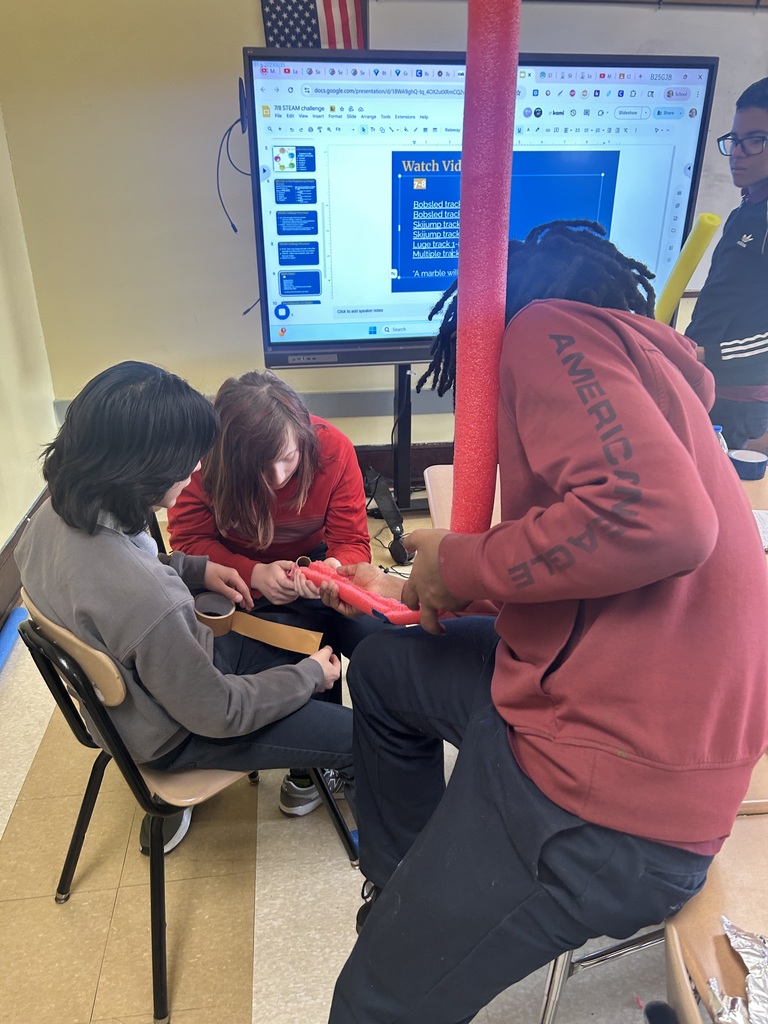 A group of students are collaborating on a project using pool noodles. A screen displaying instructions can be seen in the background.