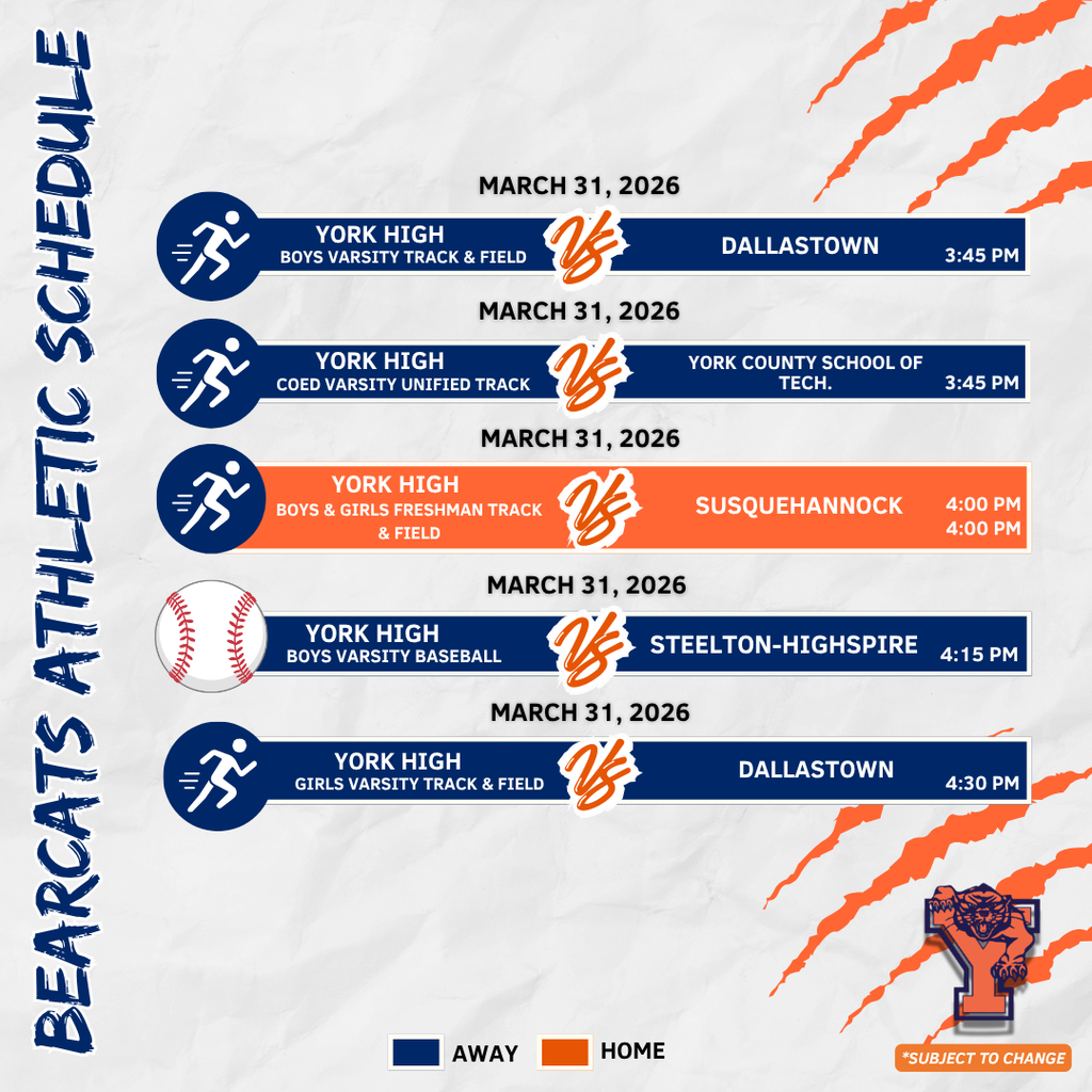 Bearcats Athletic Schedule for the School District of the City of York.