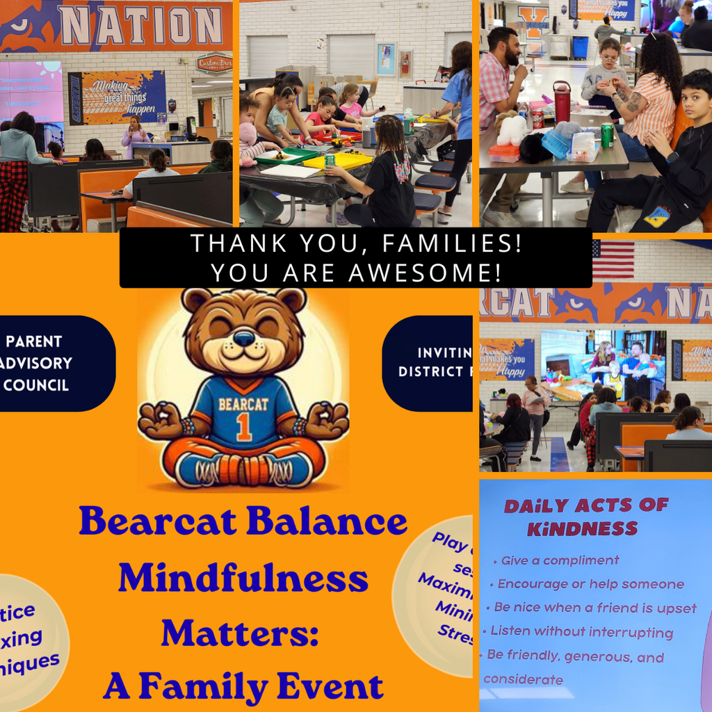 Collage of a family mindfulness event, featuring a cartoon bear meditating, children crafting, and families engaging at tables.