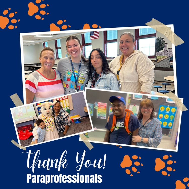 Collage of smiling paraprofessionals with students in a cheerful school setting, with "Thank You! Paraprofessionals" text and decorative paw prints.