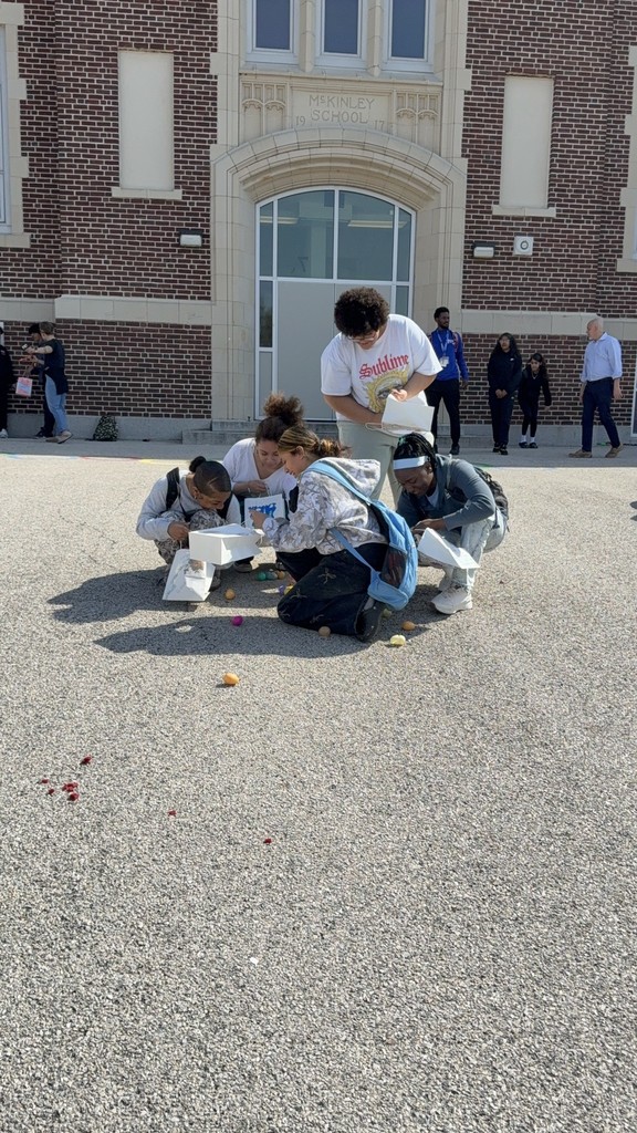 McKinley PreK-8 students are participating in a school-wide Egg Hunt outdoors. 