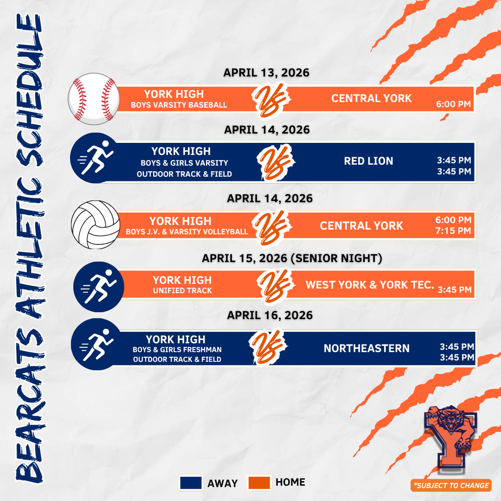 Bearcats Athletic Schedule for the School District of the City of York. 