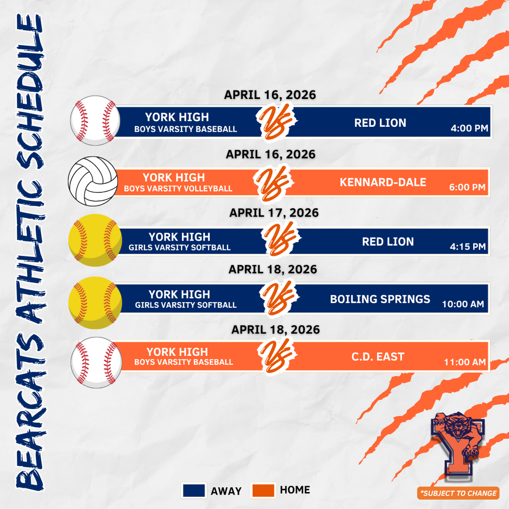 Bearcats Athletic Schedule for the School District of the City of York. 