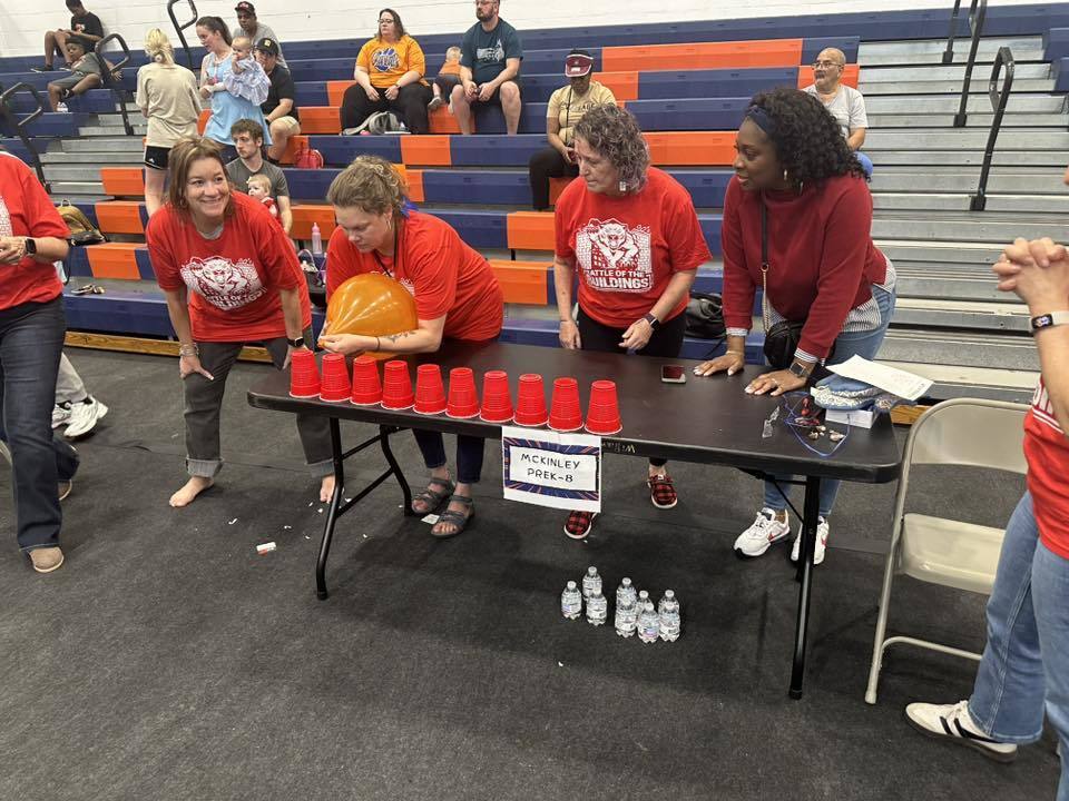 The School District of the City of York district staff members recently participated in a Battle of the Buildings event involving several Minute to Win It style games in a school gymnasium.