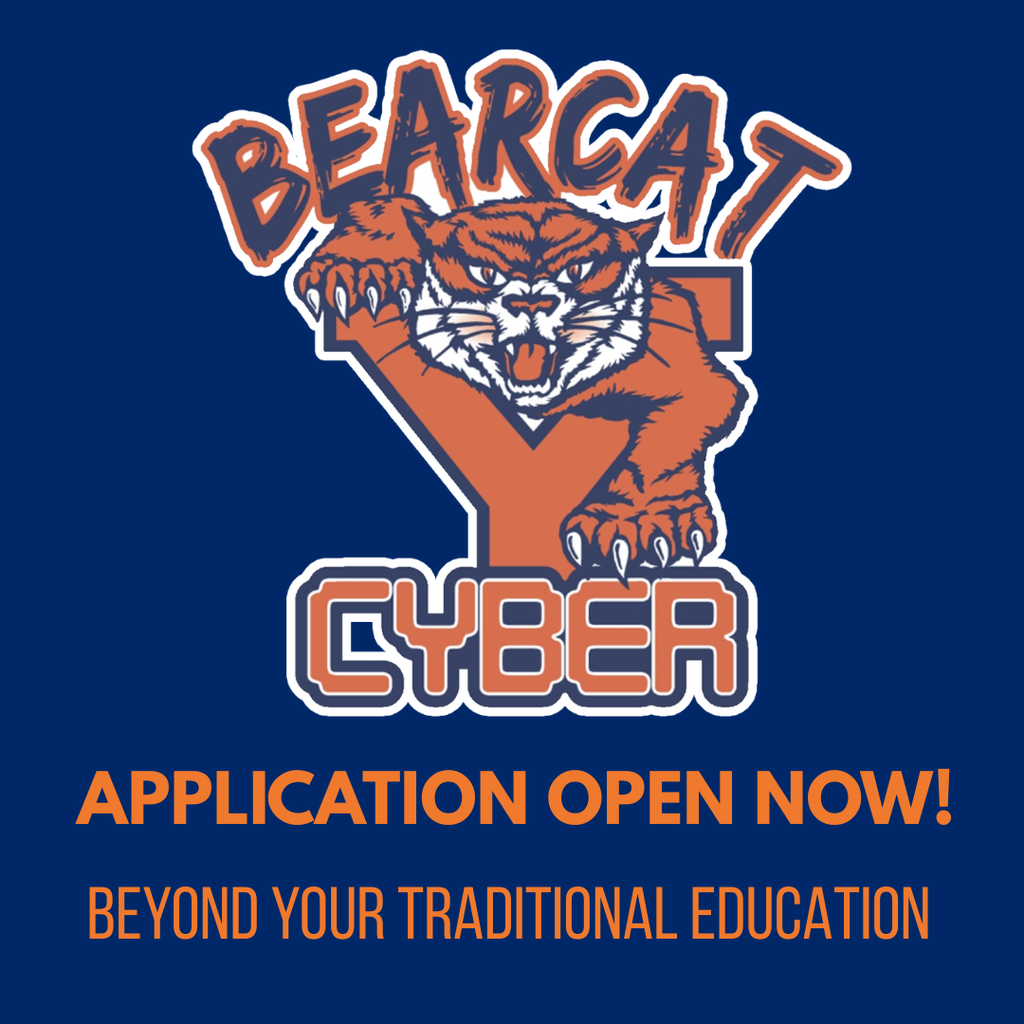 Fierce Bearcat mascot logo with text "Bearcat Cyber." Below, "Application Open Now!" and "Beyond Your Traditional Education." Bold, energetic design.