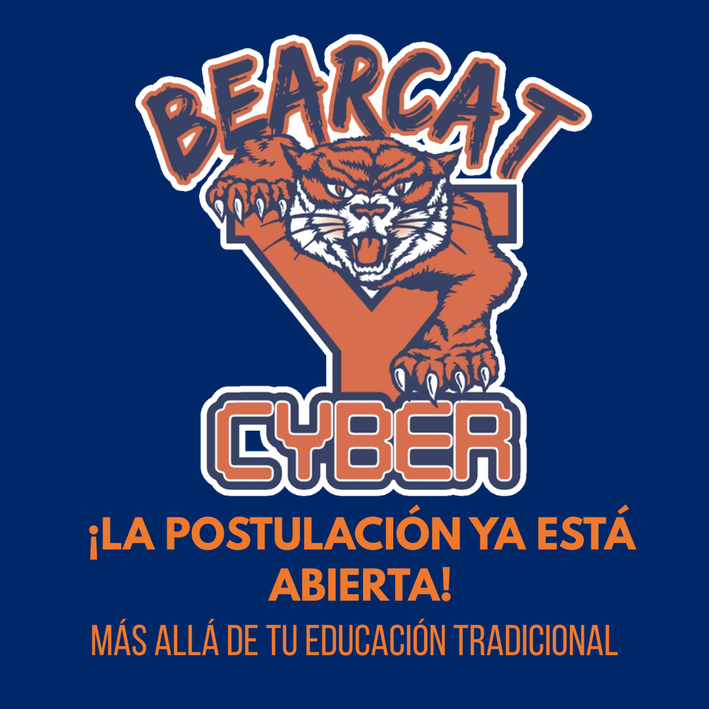 Fierce Bearcat mascot logo with text "Bearcat Cyber." Below, "Application Open Now!" and "Beyond Your Traditional Education." Bold, energetic design.
