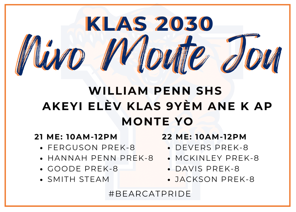 Class of 2030 Level Up Day event graphic. William Penn SHS invites rising 9th graders. Dates: May 21-22, 10AM-12PM. Hashtag: #BearcatPride.