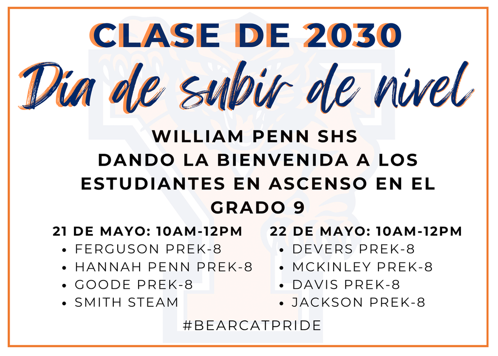 Class of 2030 Level Up Day event graphic. William Penn SHS invites rising 9th graders. Dates: May 21-22, 10AM-12PM. Hashtag: #BearcatPride.