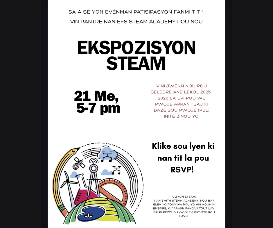 Flyer for a STEAM Showcase on May 21st, 5-7 PM. Features colorful science-themed graphics, emphasizing family engagement and project displays. RSVP link mentioned.