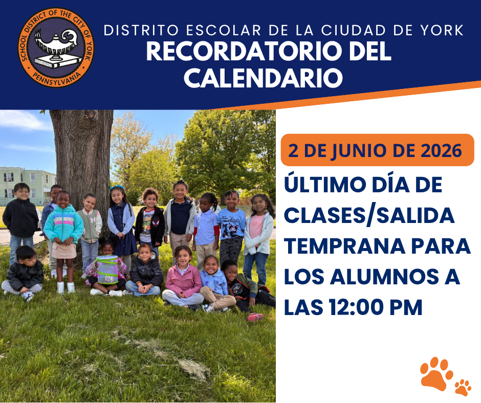 School District of York calendar reminder for June 2, 2026, announcing the last day of school with an early dismissal for students at 12 PM. Smiling students are posing together outdoors.