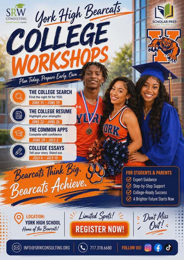 Flyer for York High Bearcats College Workshops with dates, topics, and registration details, featuring three students in school attire.