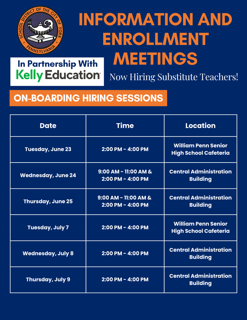 School District of York, PA hiring substitute teachers with on-boarding sessions from June 23 to July 9 at two locations and various times.
