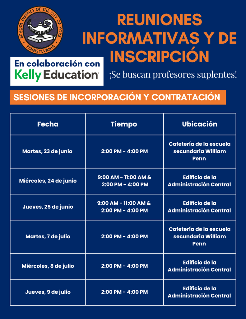 School District of York, PA hiring substitute teachers with on-boarding sessions from June 23 to July 9 at two locations and various times.