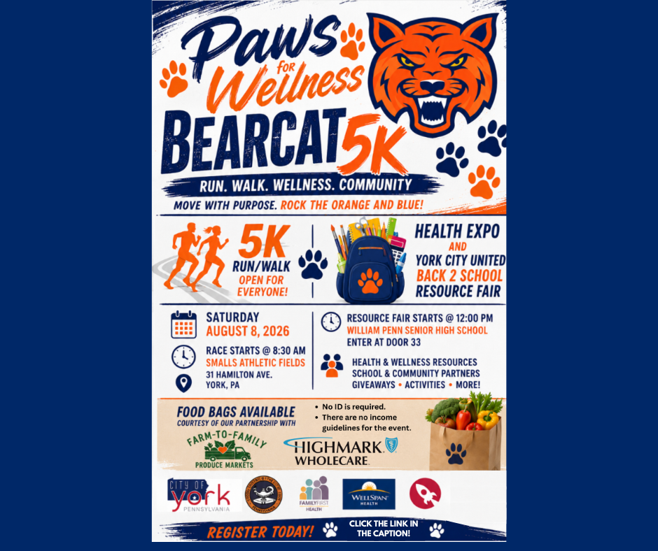 Flyer for the School District of the City of York's upcoming "Paws for Wellness Bearcat 5K and Back to School Resource Fair" on Saturday, August 8, 2026, featuring a run/walk, health expo, resource fair, and free food bags in York, PA.