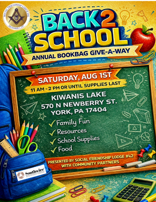Colorful flyer for a Back to School bookbag giveaway on Saturday, August 1st, from 11 AM-2 PM at Kiwanis Lake, York, PA with family fun, resources, supplies, and food.