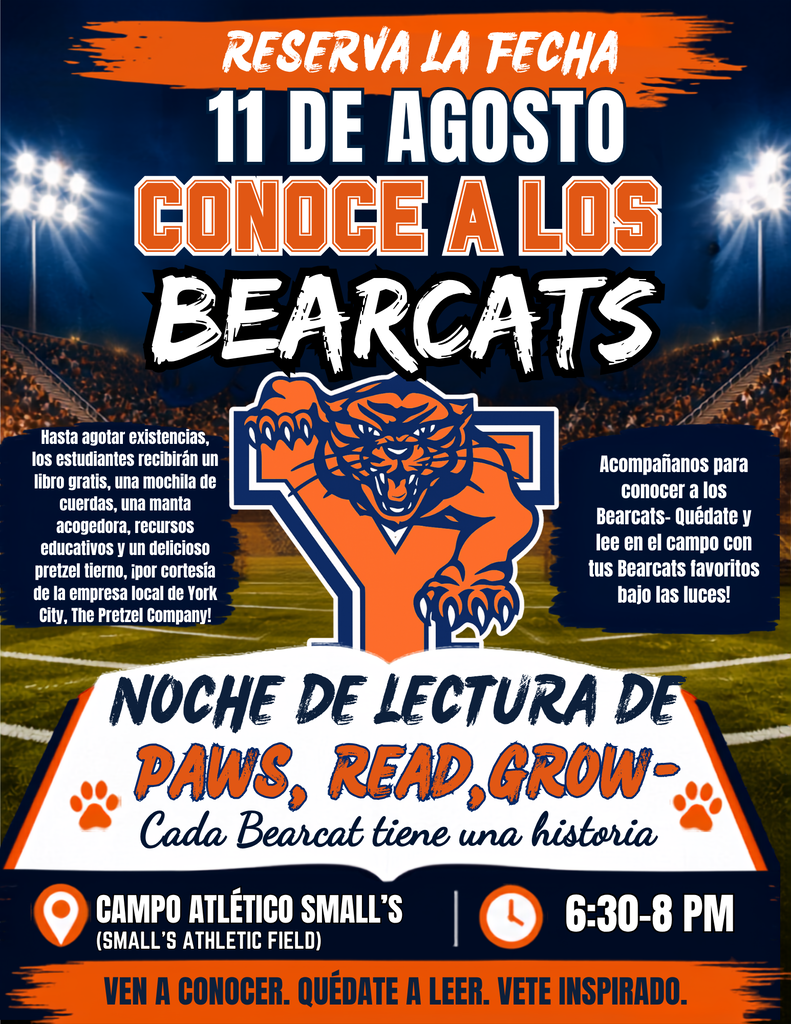 Save the date flyer for the School District of the City of York's Meet the Bearcats Literacy Night on Monday, August 11, 2026 at Small’s Athletic Field from 6:30-8:00 PM. Free gifts and activities are mentioned on the flyer.