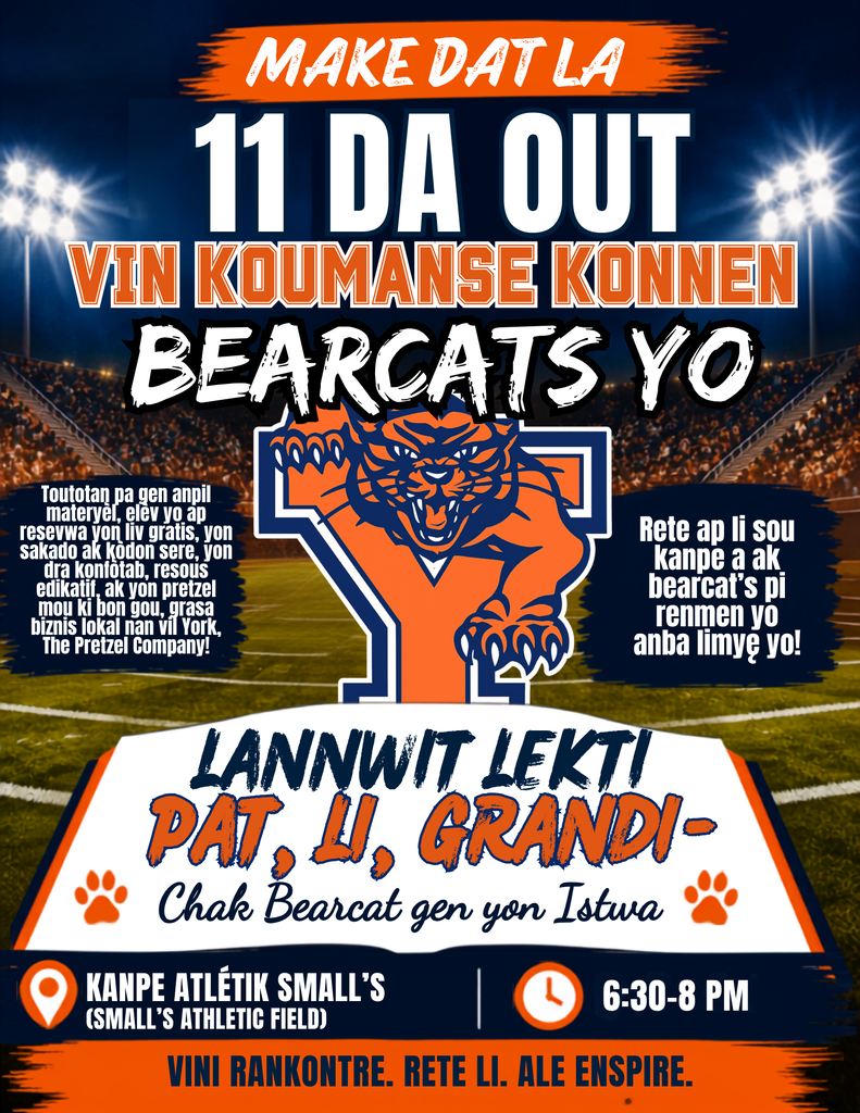 Save the date flyer for the School District of the City of York's Meet the Bearcats Literacy Night on Monday, August 11, 2026 at Small’s Athletic Field from 6:30-8:00 PM. Free gifts and activities are mentioned on the flyer.