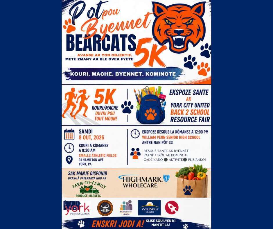 Flyer for the School District of the City of York's upcoming "Paws for Wellness Bearcat 5K and Back to School Resource Fair" on Saturday, August 8, 2026, featuring a run/walk, health expo, resource fair, and free food bags in York, PA.