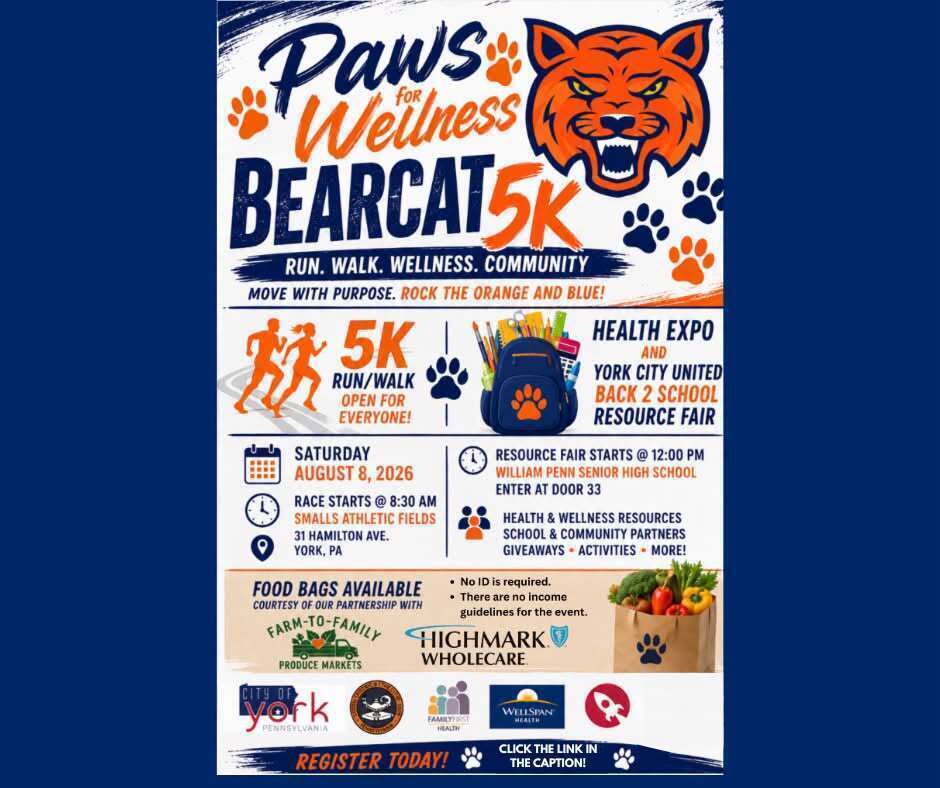 Flyer for the School District of the City of York's upcoming "Paws for Wellness Bearcat 5K and Back to School Resource Fair" on Saturday, August 8, 2026, featuring a run/walk, health expo, resource fair, and free food bags in York, PA.