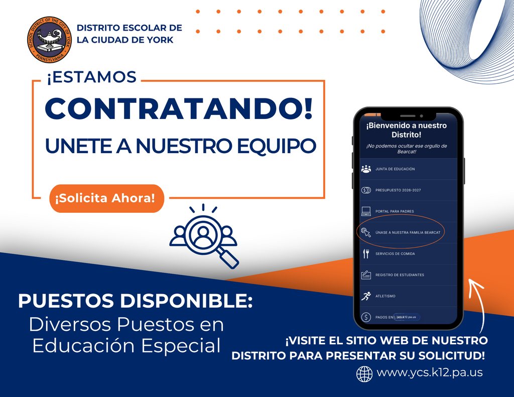 Graphic promoting School District of the City of York hiring for various special education positions, featuring a large "We're Hiring! Join Our Team" headline, an "Apply Now!" button, and a smartphone displaying the district website with instructions to apply online.