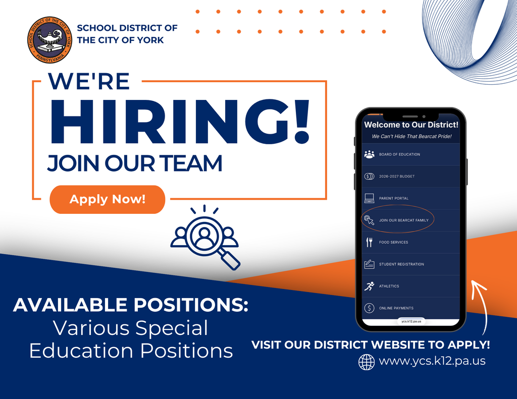 Graphic promoting School District of the City of York hiring for various special education positions, featuring a large "We're Hiring! Join Our Team" headline, an "Apply Now!" button, and a smartphone displaying the district website with instructions to apply online.