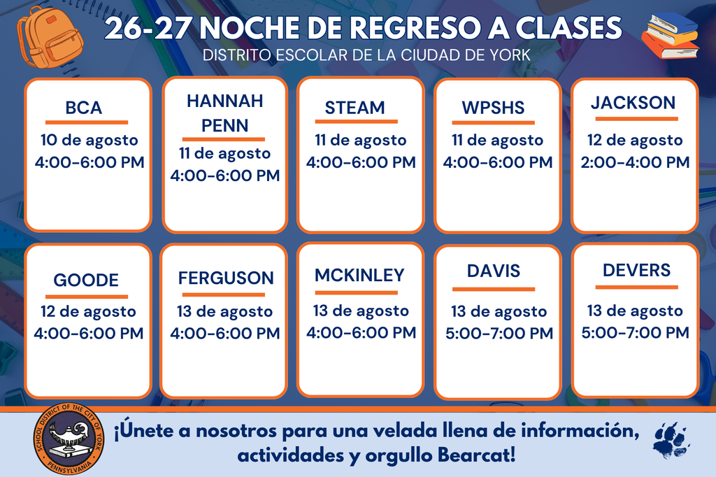 Graphic listing the School District of the City of York's 2026–27 Back to School Night dates and times for each school building, inviting families to attend their student's school event for information, activities, and Bearcat Pride.