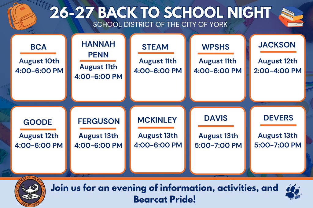 Graphic listing the School District of the City of York's 2026–27 Back to School Night dates and times for each school building, inviting families to attend their student's school event for information, activities, and Bearcat Pride.
