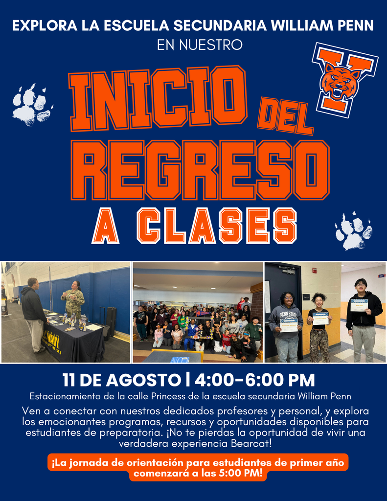 Flyer promoting William Penn Senior High School's "Back to School Kickoff" on August 11 from 4:00–6:00 PM at the Princess Street parking lot, featuring school photos, the Bearcat logo, and information about meeting teachers, exploring programs, and a Freshman Orientation beginning at 5:00 PM.