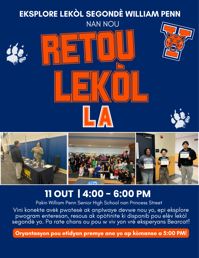 Flyer promoting William Penn Senior High School's "Back to School Kickoff" on August 11 from 4:00–6:00 PM at the Princess Street parking lot, featuring school photos, the Bearcat logo, and information about meeting teachers, exploring programs, and a Freshman Orientation beginning at 5:00 PM.