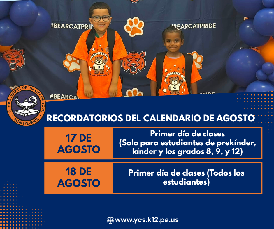Graphic showing two elementary students wearing orange Kindergarten Camp T-shirts and backpacks in front of a Bearcat Pride backdrop, with August calendar reminders: Aug. 17 is the first day of school for PreK, Kindergarten, 8th, 9th, and 12th grade students, and Aug. 18 is the first day of school for all students.