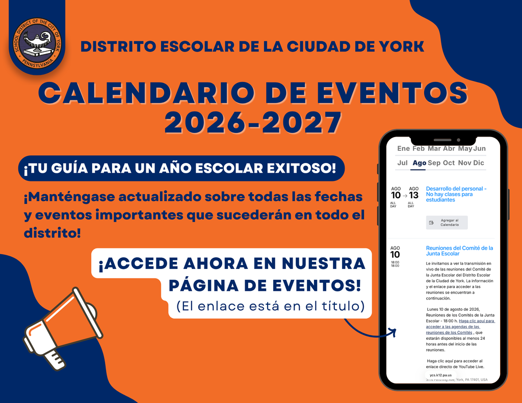 Promotional graphic for the School District of the City of York's 2026–2027 Events Calendar, encouraging families to stay updated on district events and access the calendar through the district's events page.