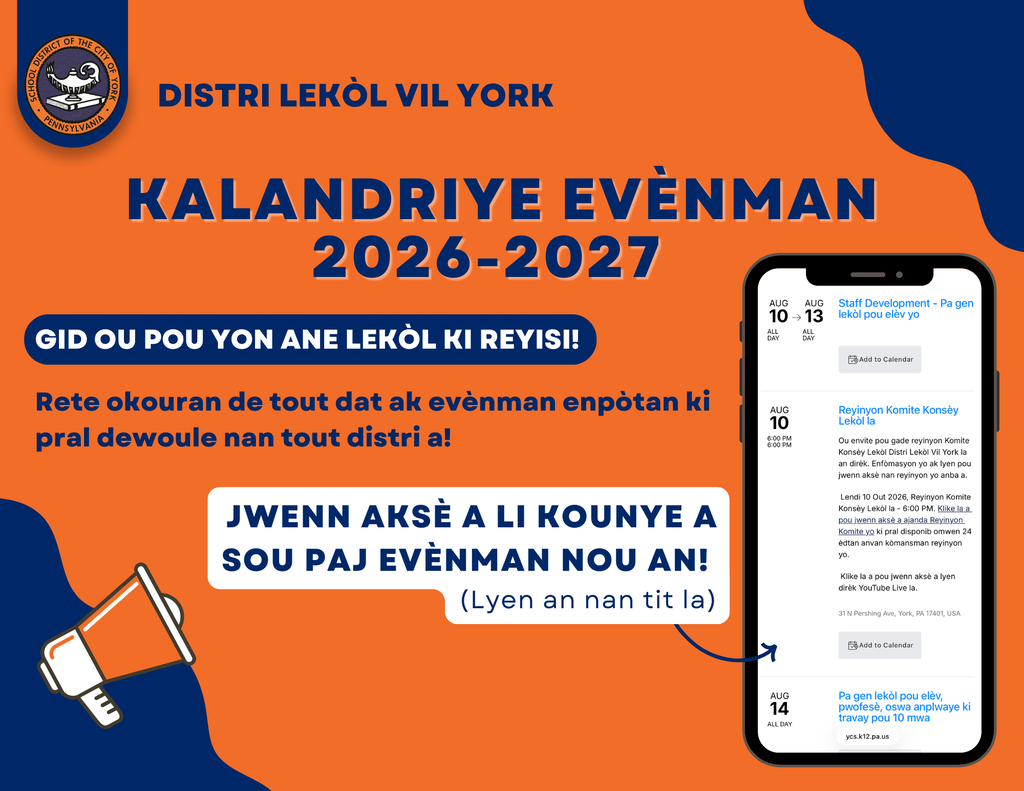 Promotional graphic for the School District of the City of York's 2026–2027 Events Calendar, encouraging families to stay updated on district events and access the calendar through the district's events page.