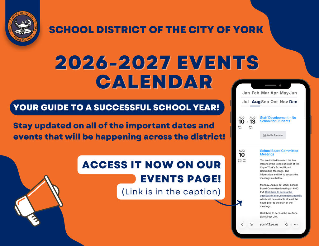 Promotional graphic for the School District of the City of York's 2026–2027 Events Calendar, encouraging families to stay updated on district events and access the calendar through the district's events page.