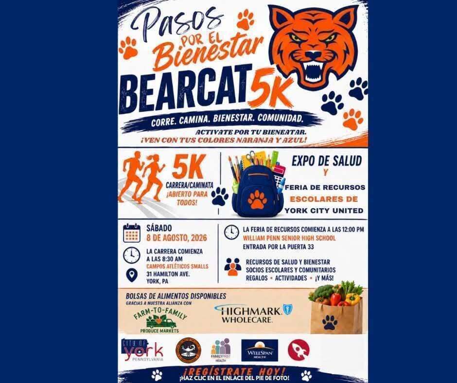 Flyer for the School District of the City of York's upcoming "Paws for Wellness Bearcat 5K and Back to School Resource Fair" on Saturday, August 8, 2026, featuring a run/walk, health expo, resource fair, and free food bags in York, PA.
