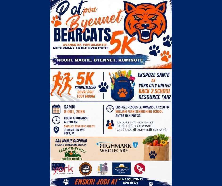 Flyer for the School District of the City of York's upcoming "Paws for Wellness Bearcat 5K and Back to School Resource Fair" on Saturday, August 8, 2026, featuring a run/walk, health expo, resource fair, and free food bags in York, PA.