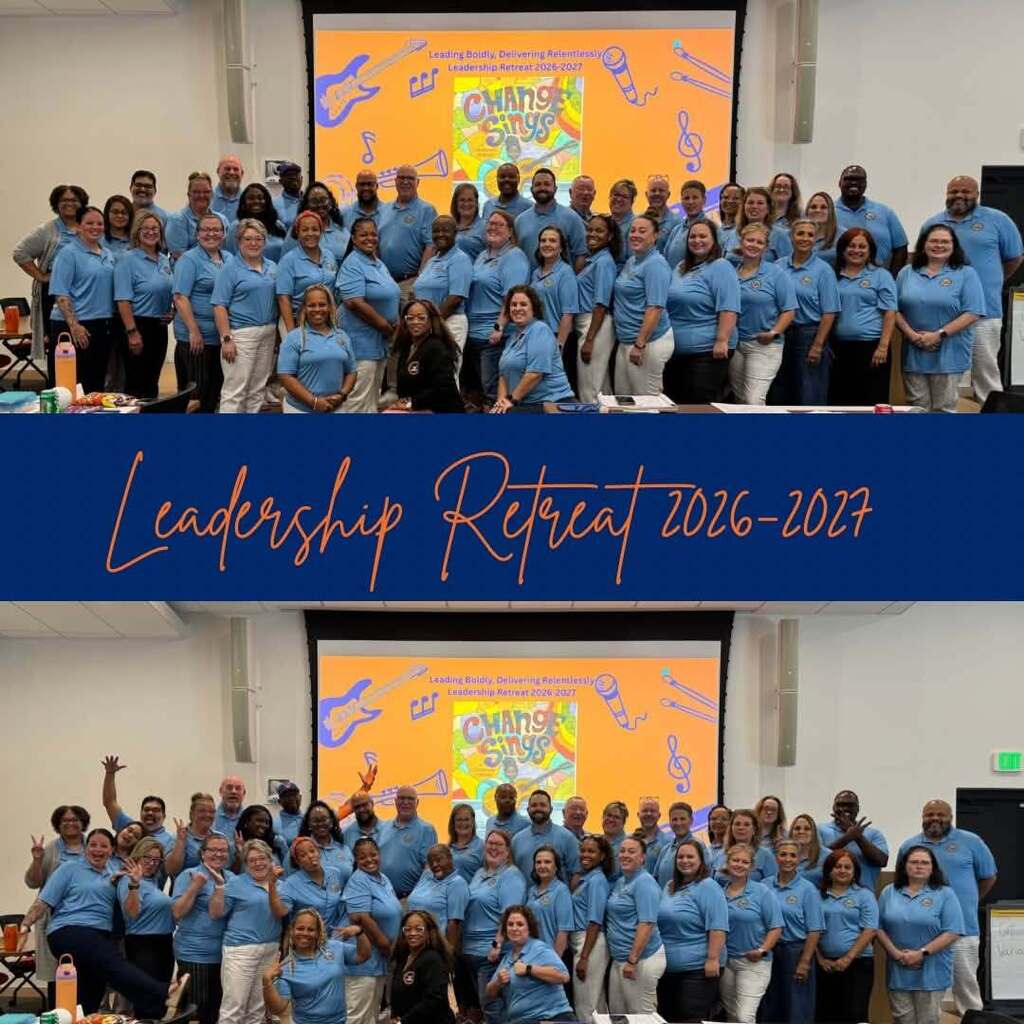 A collage of two group photos from the 2026–2027 Leadership Retreat, featuring district staff members in matching light blue polos posing together in front of a colorful "Change Sings" presentation, with a blue banner reading "Leadership Retreat 2026–2027" between the images.
