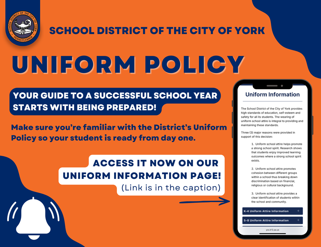 School District of the City of York uniform policy graphic with uniform information and website details.
