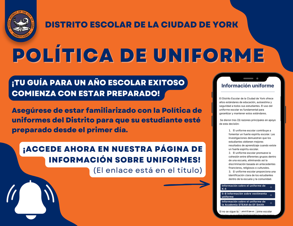School District of the City of York uniform policy graphic with uniform information and website details.