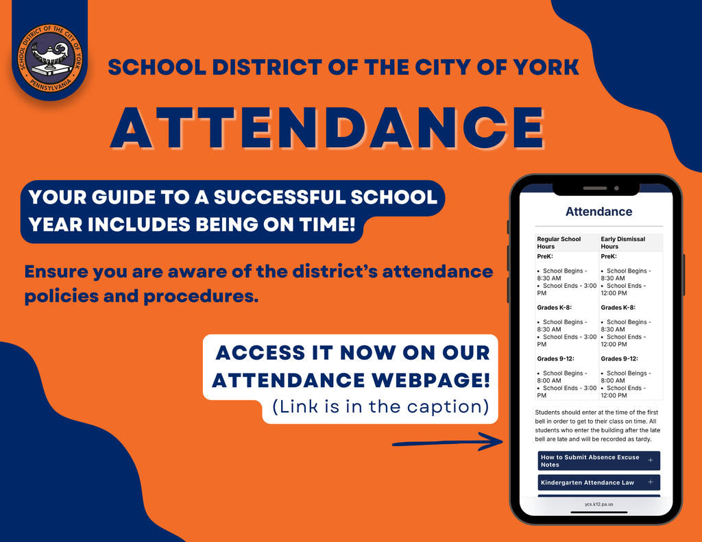School District of the City of York attendance graphic highlighting attendance policies and procedures.