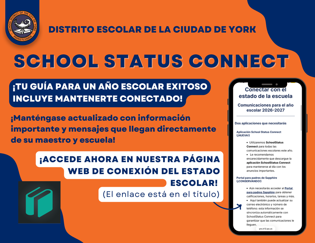 School District of the City of York graphic promoting SchoolStatus Connect for school communications.