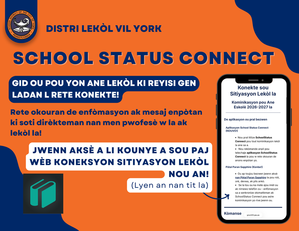 School District of the City of York graphic promoting SchoolStatus Connect for school communications.