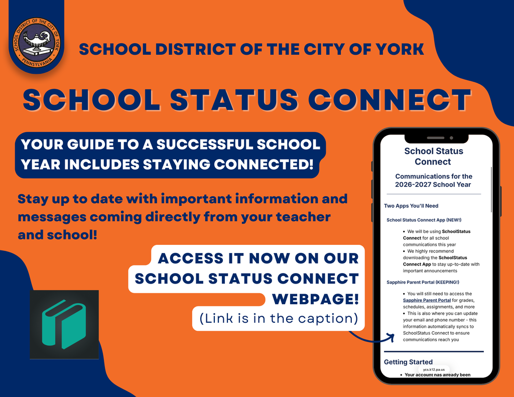 School District of the City of York graphic promoting SchoolStatus Connect for school communications.