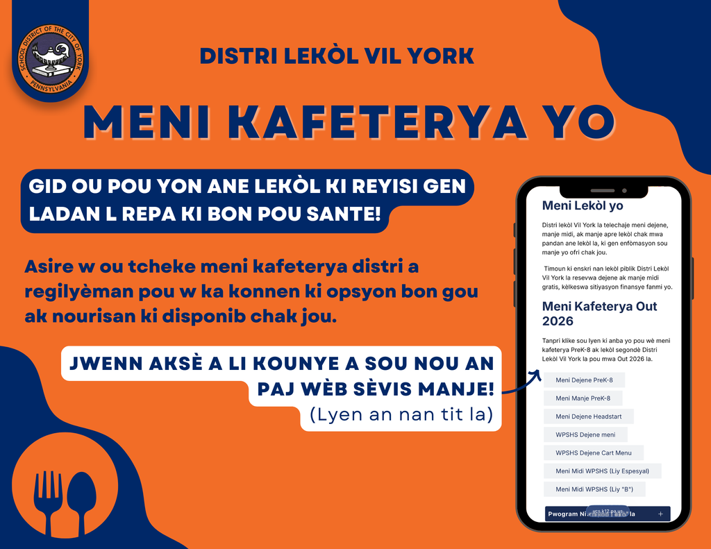 School District of the City of York graphic promoting cafeteria menus and healthy meal options.