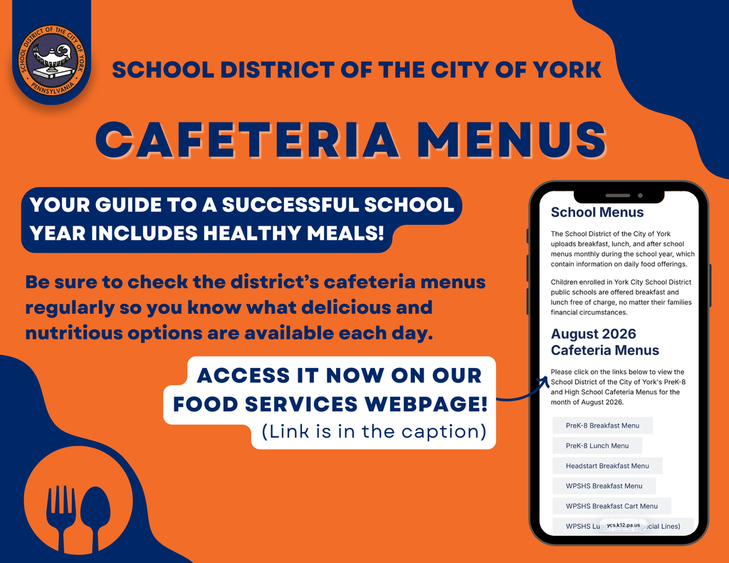 School District of the City of York graphic promoting cafeteria menus and healthy meal options.