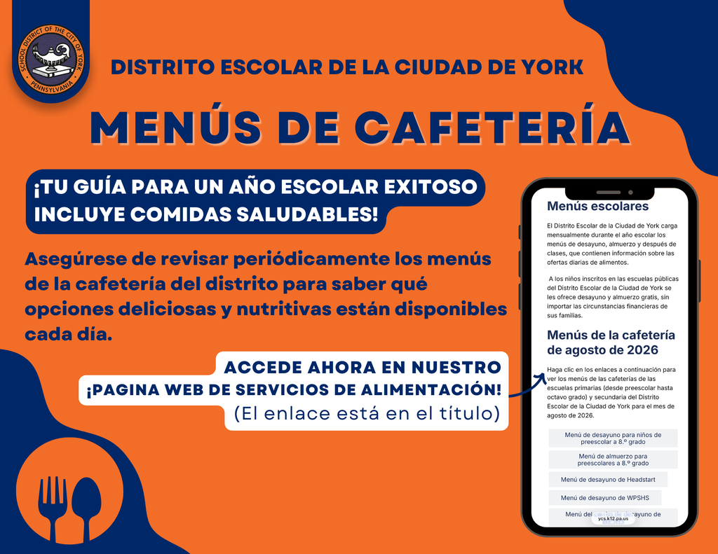 School District of the City of York graphic promoting cafeteria menus and healthy meal options.