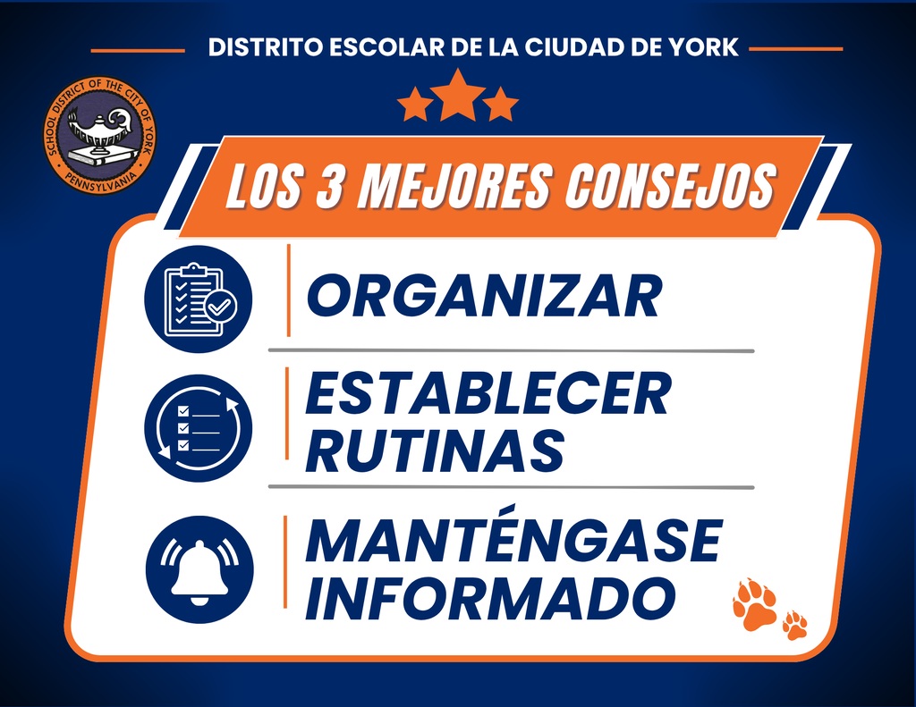 School District of the City of York graphic featuring three tips: get organized, set routines, and stay informed.