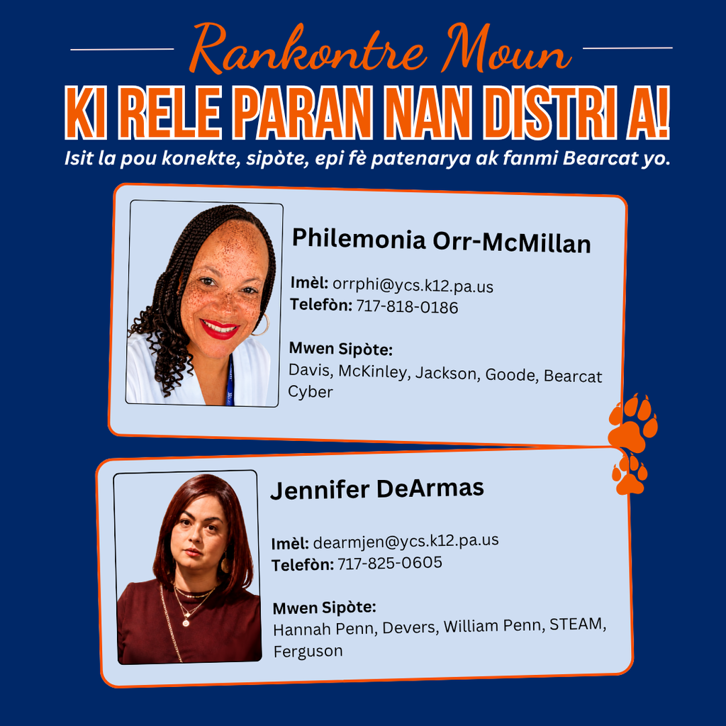 Graphic introducing district parent liaisons, featuring photos and contact information for Philemonia Orr-McMillan and Jennifer DeArmas.