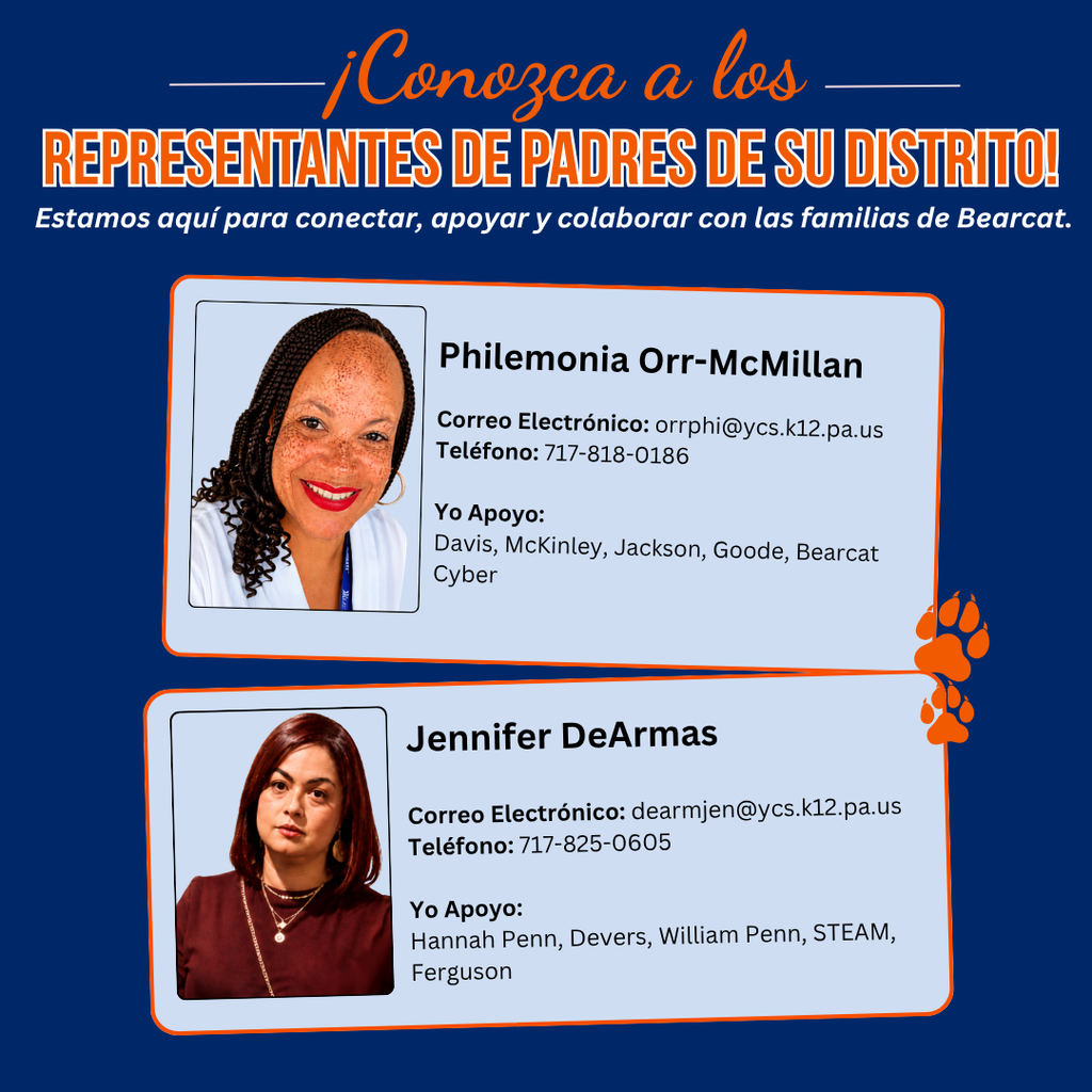 Graphic introducing district parent liaisons, featuring photos and contact information for Philemonia Orr-McMillan and Jennifer DeArmas.